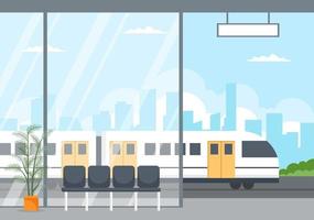 treinstation met treinvervoerlandschap, platform voor vertrek en ondergrondse binnenmetro in vlakke achtergrondafficheillustratie vector