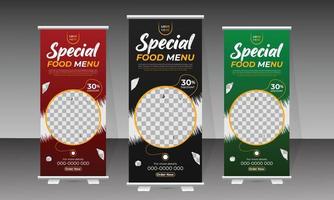 heerlijk eten roll-up banner en voedsel menu ontwerpsjabloon vector