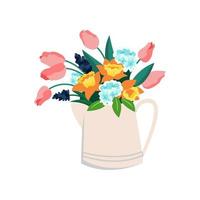 kruik bloemen, tulpen en narcissen, lenteboeket van hortensia's. vector illustratie