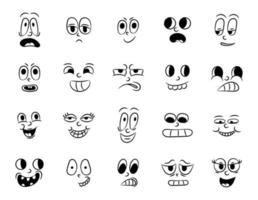 verzameling oude retro traditionele cartoon-animatie. vintage gezichten van mensen met verschillende emoties van de jaren 20 en 30. emoji-karakteruitdrukkingen 50s 60s. hoofd gezichten ontwerpelementen in komische stijl vector