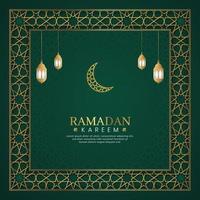 ramadan kareem, islamitische arabische groene luxe achtergrond met geometrisch patroonframe en lantaarns vector