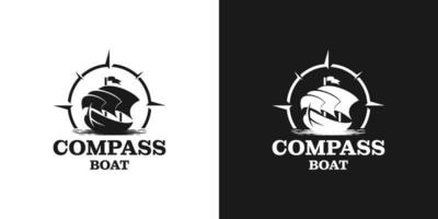 traditioneel zeiljacht, boot, schip en kompas silhouet logo ontwerp vector