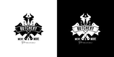 vintage retro embleem, badge, label slagerij logo ontwerp vector met stier hoofd en mes icon