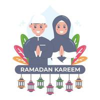 ramadan kareem-concept met schattige moslimillustratie voor meisjes en jongens vector