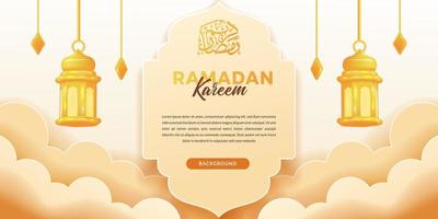 ramadan kareem mubarak hangende 3d schattige gouden fanous arabische lantaarn met wolk en lichte kleur voor islamitisch evenement wenskaart banner vector