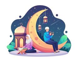 moslim paar man en vrouw die de koran lezen en bidden tijdens de heilige maand ramadan kareem. vlakke stijl vectorillustratie vector