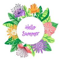 hallo zomerkaart. vectorillustratie voor wenskaart. vakantietijd. hallo zomer typografische achtergrond met tropische planten en exotische bloemen. vector