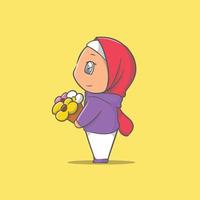 schattige illustratie van een moslimmeisje dat een hijab draagt met een boeket bloemen vector