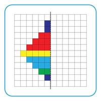 foto reflectie educatief spel voor kinderen. leer symmetrische werkbladen voor voorschoolse activiteiten in te vullen. kleurrasterpagina's, visuele waarneming en pixelart. maak het tolspeelgoed af. vector