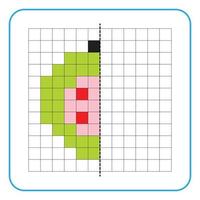 foto reflectie educatief spel voor kinderen. leer symmetrische werkbladen voor voorschoolse activiteiten in te vullen. kleurrasterpagina's, visuele waarneming en pixelart. maak de guavevrucht af. vector