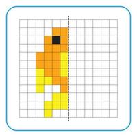 foto reflectie educatief spel voor kinderen. leer symmetrische werkbladen voor voorschoolse activiteiten in te vullen. kleurrasterpagina's, visuele waarneming en pixelart. maak het goudvisbeeld af. vector