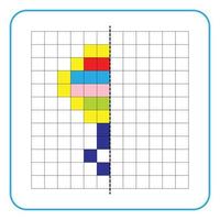 foto reflectie educatief spel voor kinderen. leer symmetrische werkbladen voor voorschoolse activiteiten in te vullen. kleurrasterpagina's, visuele waarneming en pixelart. maak de rammelaarstok af vector