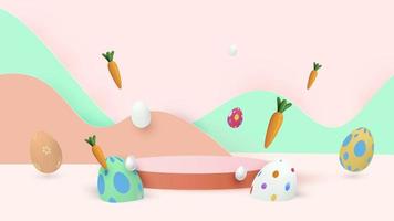 gelukkig Pasen. ontwerp konijn met eieren. feestelijke lente 3D-compositie. realistisch podium, catwalk, feestelijke studio. minimale achtergrond. moderne creatieve template.vector afbeelding vector