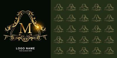 letter m of collectie eerste alfabet met luxe sieraad bloemen frame gouden logo sjabloon. vector