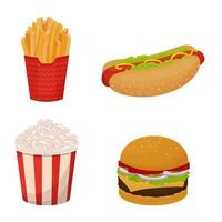 set van gedetailleerde fastfood. verzameling van frietjes, popcorn, hotdog, hamburger geïsoleerd op een witte achtergrond. . vector illustratie