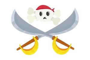 piraat schedel in bandana en gekruiste zwaarden, sabels in cartoon stijl geïsoleerd op een witte achtergrond. gevaarlijk symbool, grappig embleem. ui game-item. vector illustratie