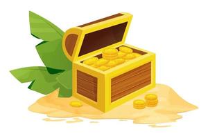 houten kist met gouden schatmunten op zand versierd met bladeren in cartoon stijl geïsoleerd op een witte achtergrond. gedetailleerde doos openen. . vector illustratie