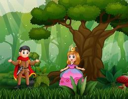 tekenfilm een prins en prinses in het bos vector