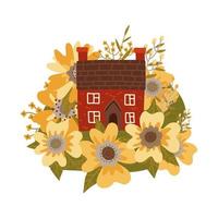 schattige oude huizen tussen enorme gele lentebloemen. mooie cartoon gebouw illustrationin in platte vector stijl. retro geïsoleerd concept op witte achtergrond.