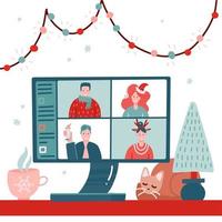 videoconferentie met mensengroep in wintervakantiekostuums, online vergaderen. vrienden praten op video. computerscherm, kerstboom, beker met slapende kat, platte vectorillustratie. vector