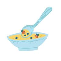 gezond ontbijt met pap of muesli en bessen platte doodle geïsoleerde illustratie. granen kommen met grote lepel, aardbeien en bosbessen. vector