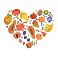fruit in hartvorm. reeks fruitpictogrammen die hartvorm vormen. vegetarische voedselelementen. gezonde cartoon platte vectorillustratie. vector
