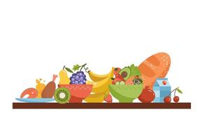 gezonde voedingsproducten op de plank. zuivel, vlees, groenten, fruit en bessen zijaanzicht in kleur vectorillustratie. vector
