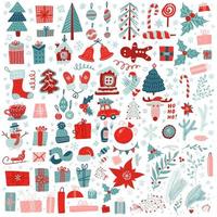 kerst grote reeks feestelijke elementen. sneeuwpop, kaars, ballen, geschenkdozen, dennentakken. vrolijk kerstfeest gelukkig nieuwjaar. doodle winter vector plat ontwerp voor webbanner, uitnodiging, wenskaarten.