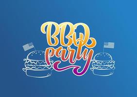 4 juli BBQ-feestje belettering uitnodiging voor Amerikaanse onafhankelijkheidsdag barbecue met decoraties hamburgers en vlaggen op blauwe achtergrond. vector hand getekende illustratie.