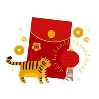 cny-wenskaart met een tijger die naar een angpao of rode envelop kijkt. groot rood pakket met lantaarn, munten en bloemen dier dierenriem symbool og 2022. vector platte cartoon stijl illustratie,