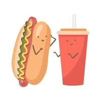 leuke grappige glimlachende gelukkige hotdog en sodawaterkop. geïsoleerd op een witte achtergrond. fast food, café kindermenu, hotdog en frisdrank beker concept. vector platte cartoon kawaii karakter illustratie.