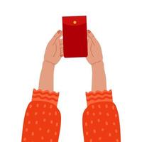 twee handen met angpao geld in rode envelop. chinees nieuwjaar viert concept. vrouw cadeau geven aan iemand. geïsoleerde platte vectorillustratie. vector