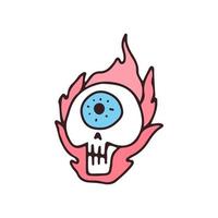 skelet met één oog in brand, illustratie voor t-shirt, sticker of kleding koopwaar. met retro cartoon-stijl. vector
