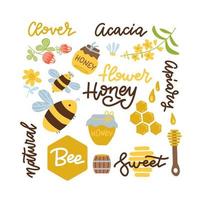 set bijen, honing honing elementen, kamille, klaver bloemen, houten lepel, honingraat, pot, logo sjabloon en andere belettering van de bijenteelt. vector platte hand getekende illustratie.