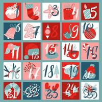 adventskalender met kerstdecorelementen. platte hand getrokken doodle illustratie. 25 dagen. vector