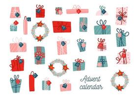 adventskalender sjabloon. verzameling van vector kleurrijke kerstcadeau dozen met tags. vector platte cartoon afbeelding geïsoleerd op een witte achtergrond.