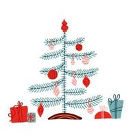 hygge kinderachtig kerstboom met geschenken, versierd met speelgoed en kerstballen geïsoleerd op een witte achtergrond. vector platte hand getekende illustratie