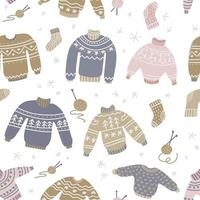 warme winter- en herfstwollen truien in naadloos patroon in scandinavische stijl. trendy platte designelementen voor winterkleding. pastel lelijke trui met sokken. platte vectorillustratie. vector