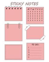 set stickers voor notities, planning, roze kleur. vellen papier met paperclips, stukjes plakband, kladblokpapier. ontwerp voor sociale netwerken