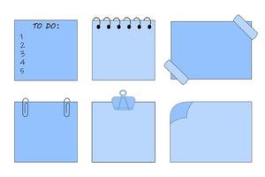 set stickers voor notities, planning, blauwe kleur. vellen papier met paperclips, stukjes plakband. ontwerp voor sociale netwerken