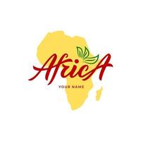 bedrijfslogo afrika met illustratie van kaart, silhouet van continent. schets groene bladeren. handkalligrafie belettering. script. vectorontwerp. voor visitekaartje, banner. logo voor winkel, theemerk vector