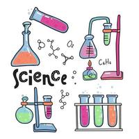 hand getrokken kleur chemie en wetenschap pictogrammen instellen. verzameling laboratoriumapparatuur in doodle-stijl. Kid chemie en wetenschap elementen, formules, reageerbuis voor kinderen. belettering citaat wetenschap vector
