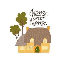 platte vectorillustratie van schattig geel huis met bomen. belettering citaat home sweet home. vector