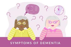 medische poster over de tekenen van de ziekte van Alzheimer. een compositie met een set van menselijke karakters van mooie oude dames. grootmoeders van verschillende rassen met dezelfde ziekte. vector