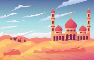 woestijn en moskee op islamitische achtergrond vector