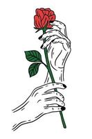 vrouwen hand met roze bloem gebaar platte lijn kunst illustratie vector