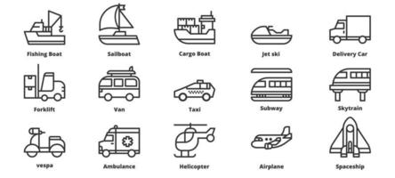 transport iconen vector illustratie, vissersboot, heftruck, trein, bestelwagen, ruimteschip