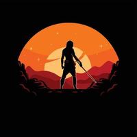 vector silhouet van een zwaardvechter met uitzicht op de zonsondergang in de bergen