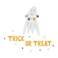 de inscriptie trick or treat voor halloween met een geest. vectorillustratie geïsoleerd op een witte achtergrond. voor ontwerp, decoratie, ansichtkaarten vector