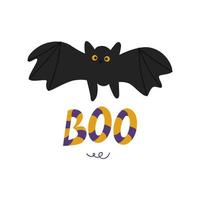 de inscriptie boe voor halloween met een vleermuis. vectorillustratie geïsoleerd op een witte achtergrond. voor ontwerp, decoratie, ansichtkaarten vector